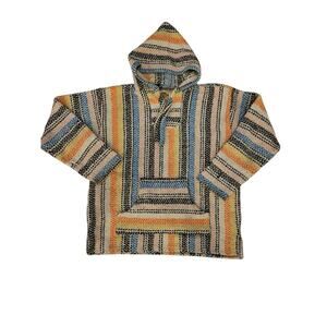 Vintage EARTH RAGZ Jacket Mens Large Mexican Blanket Pullover Rug Poncho Hoodie